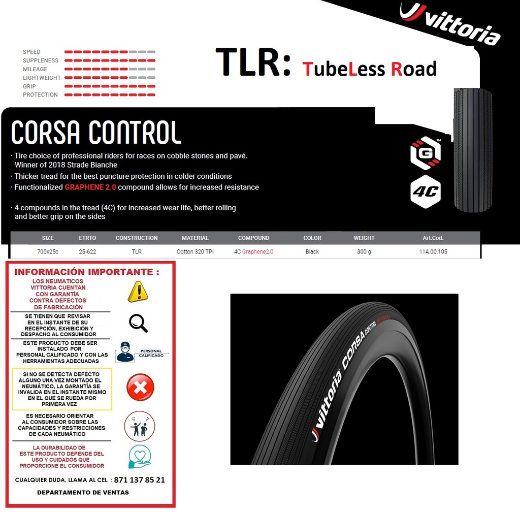 LLANTA VITTORIA CORSA CTR 700X25 TLR G2.0 TUBELESS