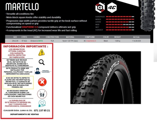 [VITMAR00225] LLANTA VITTORIA MARTELLO 29X2.35 ENDURO 4C G2.0 DOBLABLE